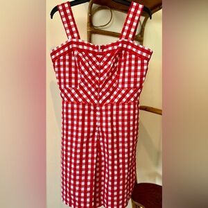 Vintage 60s Romper Playsuit Handmade Red White Gingham Check Sleeveless S